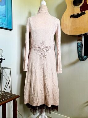 Together Blush Pink Long Sleeve Midi Cardigan with Lace Waist Appliqué